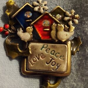 Vintage KC (Kenneth Cole) Signed Love Peace JoyBirdhouses w Birds Brooch Pin